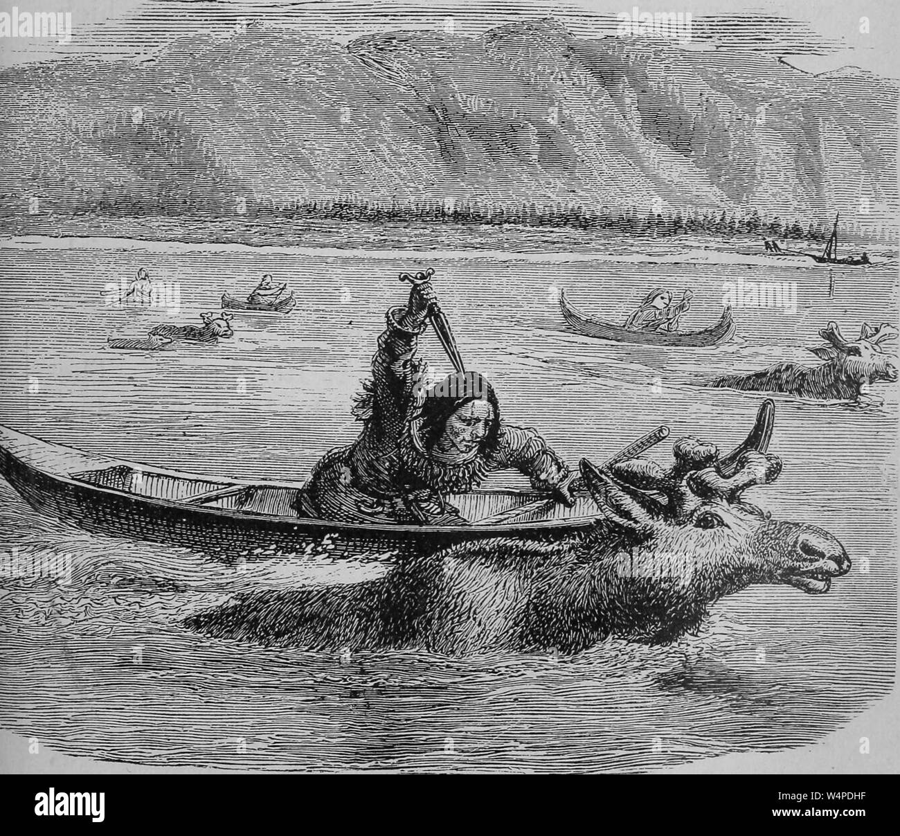 Il disegno inciso degli Indiani in canoe caccia mooses, fiume di Yukon, dal libro "La zona di surgelati e dei suoi esploratori da Alexander Hyde e Abramo Chittenden Baldwin, 1874. La cortesia Internet Archive. () Foto Stock