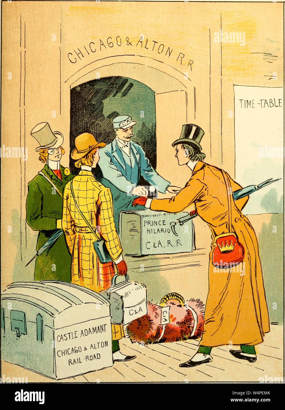Il disegno inciso del principe Hilarion controllando il suo bagaglio presso il Chicago e Alton stazione ferroviaria, Chicago, Illinois, dal libro "Una parodia di Princess Ida" da Sir Arthur Sullivan, 1885. La cortesia Internet Archive. () Foto Stock