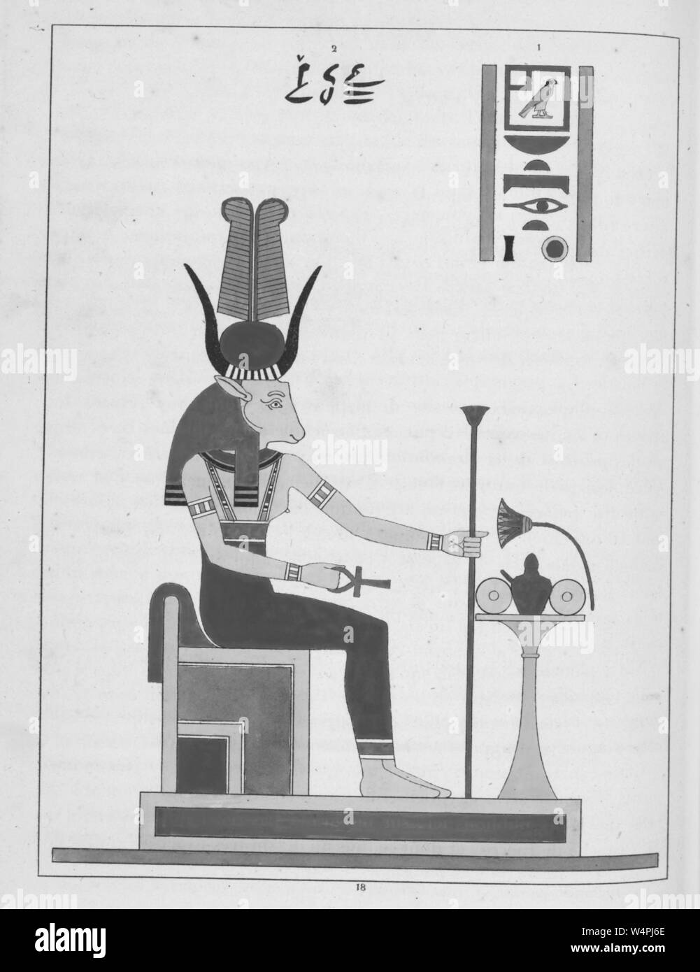 Antica dea egiziana Hathor, tenendo il ankh e lo scettro, la Madre del cielo, dio Horus e del dio del sole Ra, illustrazione del libro 'Pantheon Egyptien' da Leon Jean Joseph Dubois, 1824. Dalla Biblioteca Pubblica di New York. () Foto Stock