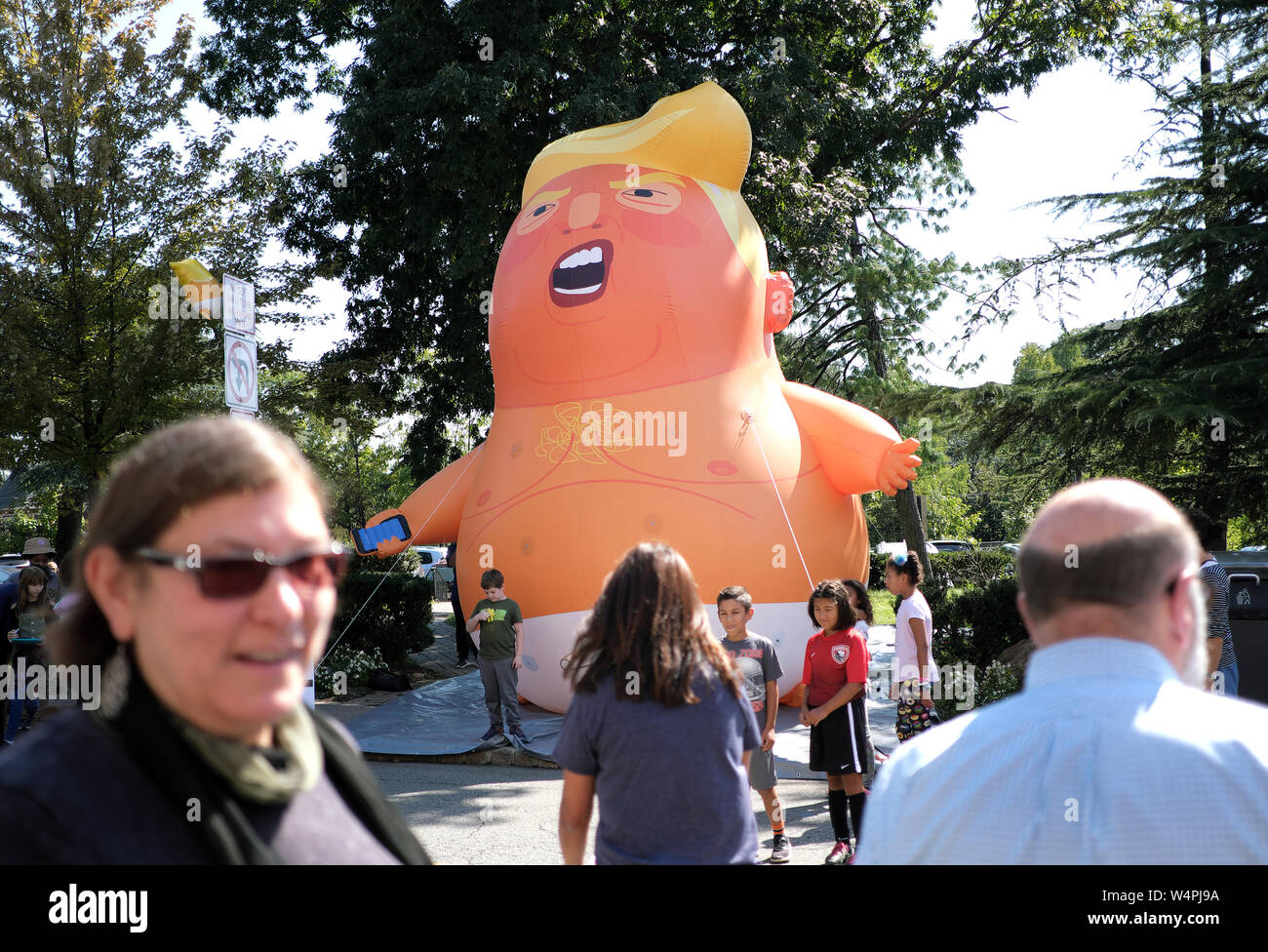 I membri del pubblico di visualizzare un Donald Trump baby palloncino sul display durante la fiera di strada in Maplewood, New Jersey. Foto Stock