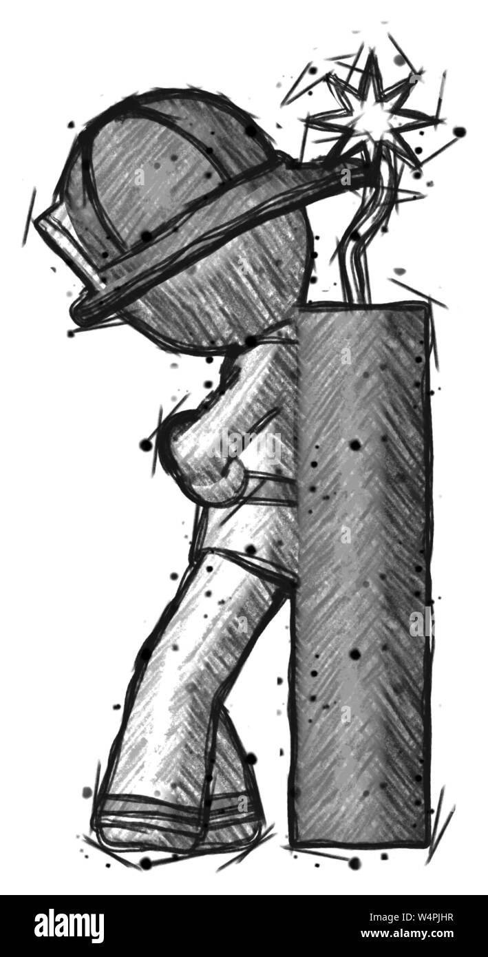 Schizzo pompiere fireman uomo appoggiato a dynimate, grande stick pronta ad esplodere. Foto Stock