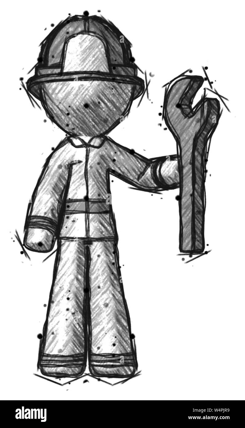 Schizzo pompiere fireman uomo chiave di contenimento pronta per la riparazione o il lavoro. Foto Stock