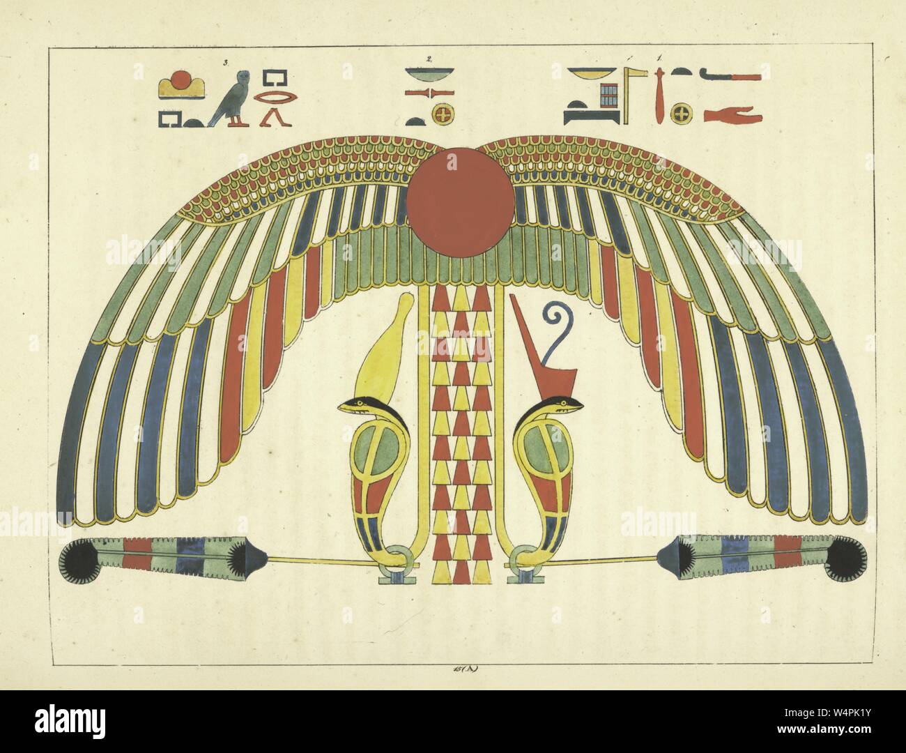 Antico Egitto emblema vivente del Dio Ra, la divinità del sole e il dio più importante nell'antica religione egiziana, illustrazione del libro 'Pantheon Egyptien' da Leon Jean Joseph Dubois, 1824. () Foto Stock