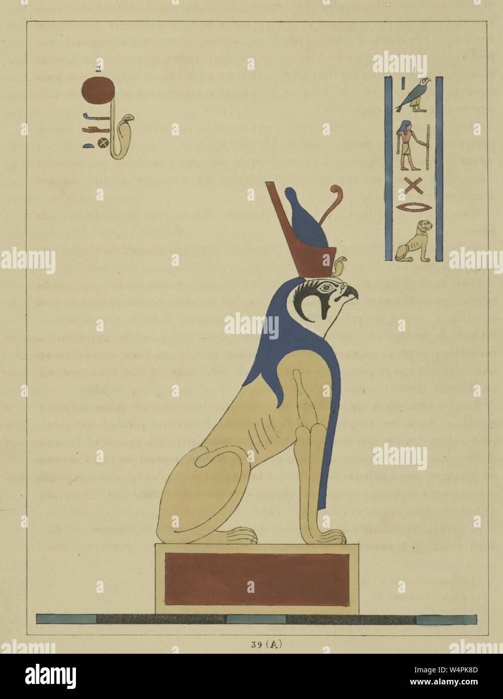 Antico dio egizio Horus il sambuco, il dio della luce, raffigurato con la testa di un falco e il corpo di una sfinge, illustrazione del libro 'Pantheon Egyptien' da Leon Jean Joseph Dubois, 1824. Dalla Biblioteca Pubblica di New York. () Foto Stock