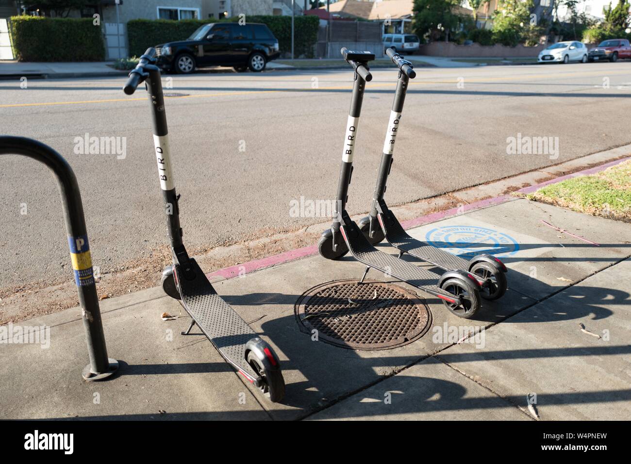 Parecchi scooters fornito mediante la condivisione di società ad economia di uccello sono parcheggiati in un uccello "Nest" posizione lungo una strada della Marina Del Rey quartiere di Los Angeles, California, 21 ottobre 2018. () Foto Stock