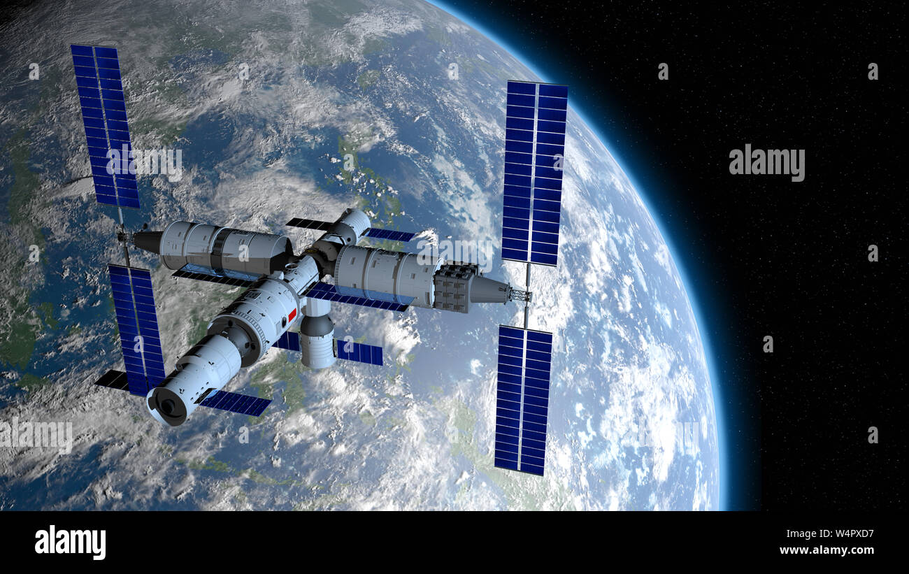 Vista di TIANGONG 3 - stazione spaziale cinese in orbita attorno al pianeta Terra su uno spazio nero con stelle dello sfondo. 3D illustrazione Foto Stock