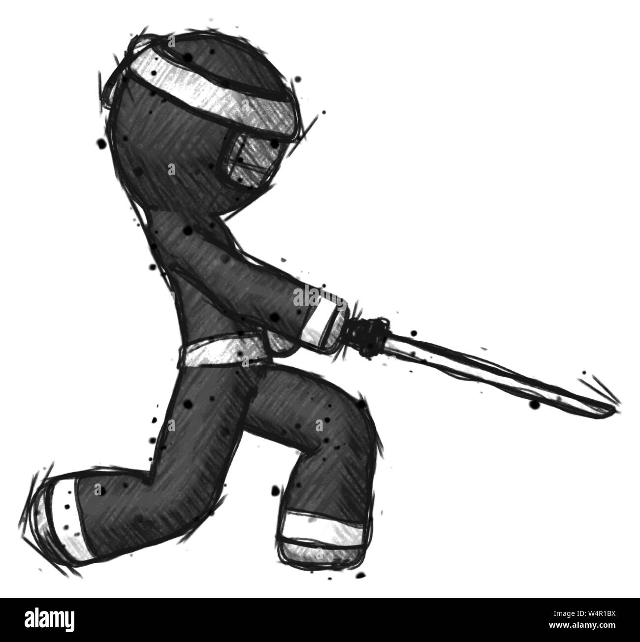 Schizzo guerriero ninja uomo con ninja spada katana affettare o qualcosa di sorprendente. Foto Stock