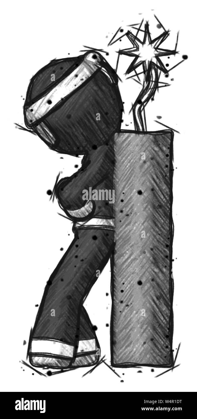 Schizzo guerriero ninja uomo appoggiato a dynimate, grande stick pronta ad esplodere. Foto Stock