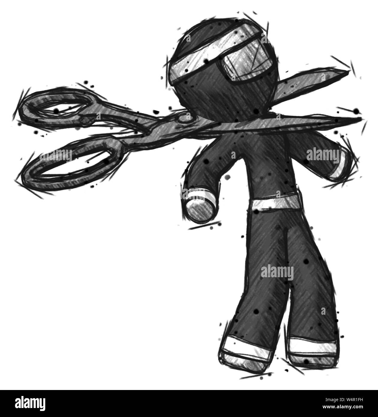 Schizzo guerriero ninja uomo forbice decapitazione lavoratore di ufficio esecuzione. Foto Stock