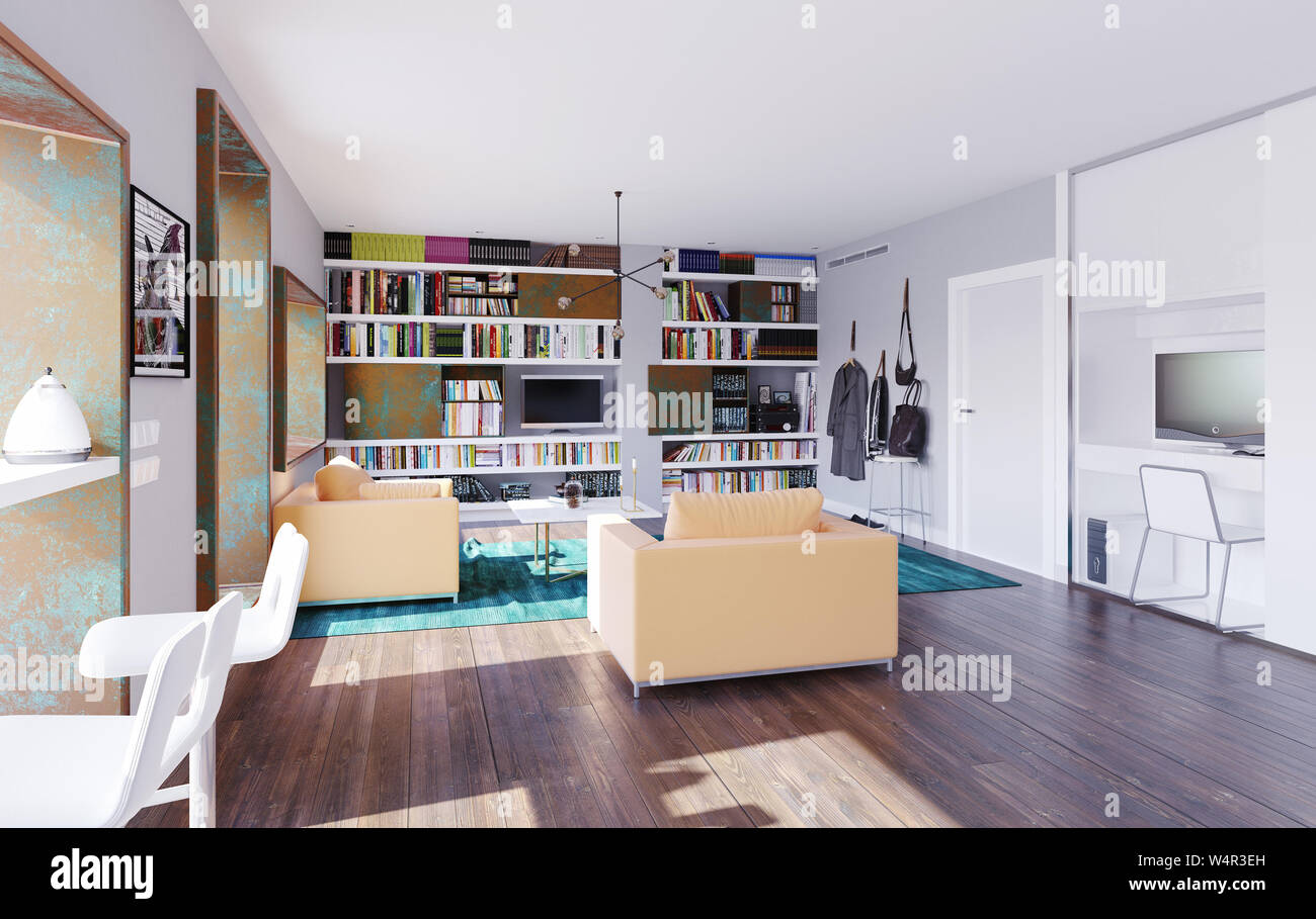 Casa moderna con la tabella nella finestra . Il rendering 3D design concept Foto Stock