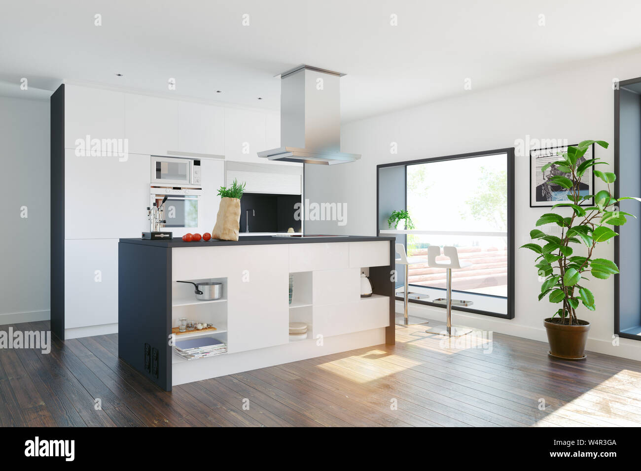 Casa moderna cucina con tavolo nella finestra . 3D rendering concept Foto Stock