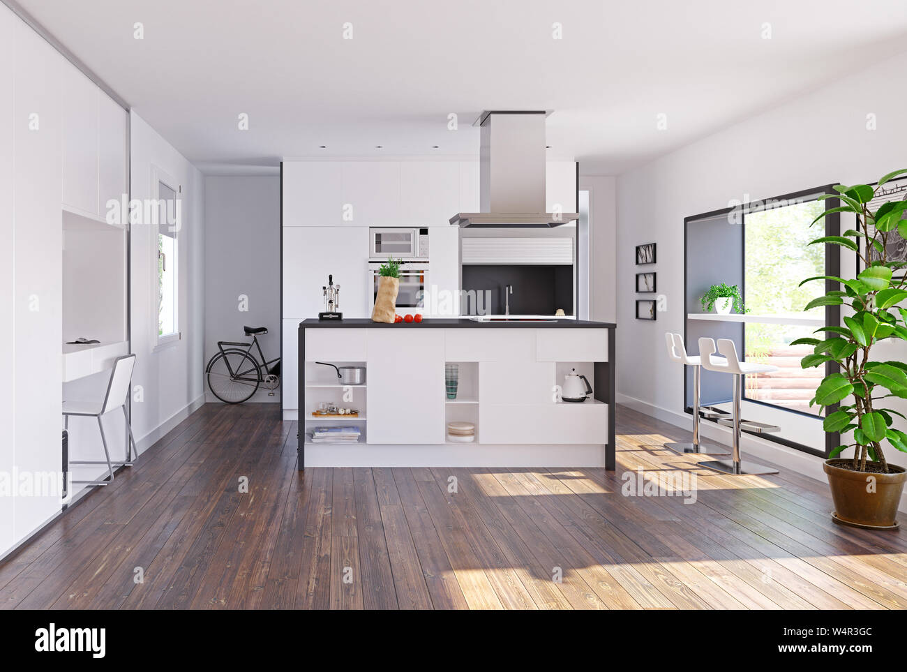 Casa moderna cucina con tavolo nella finestra . 3D rendering concept Foto Stock