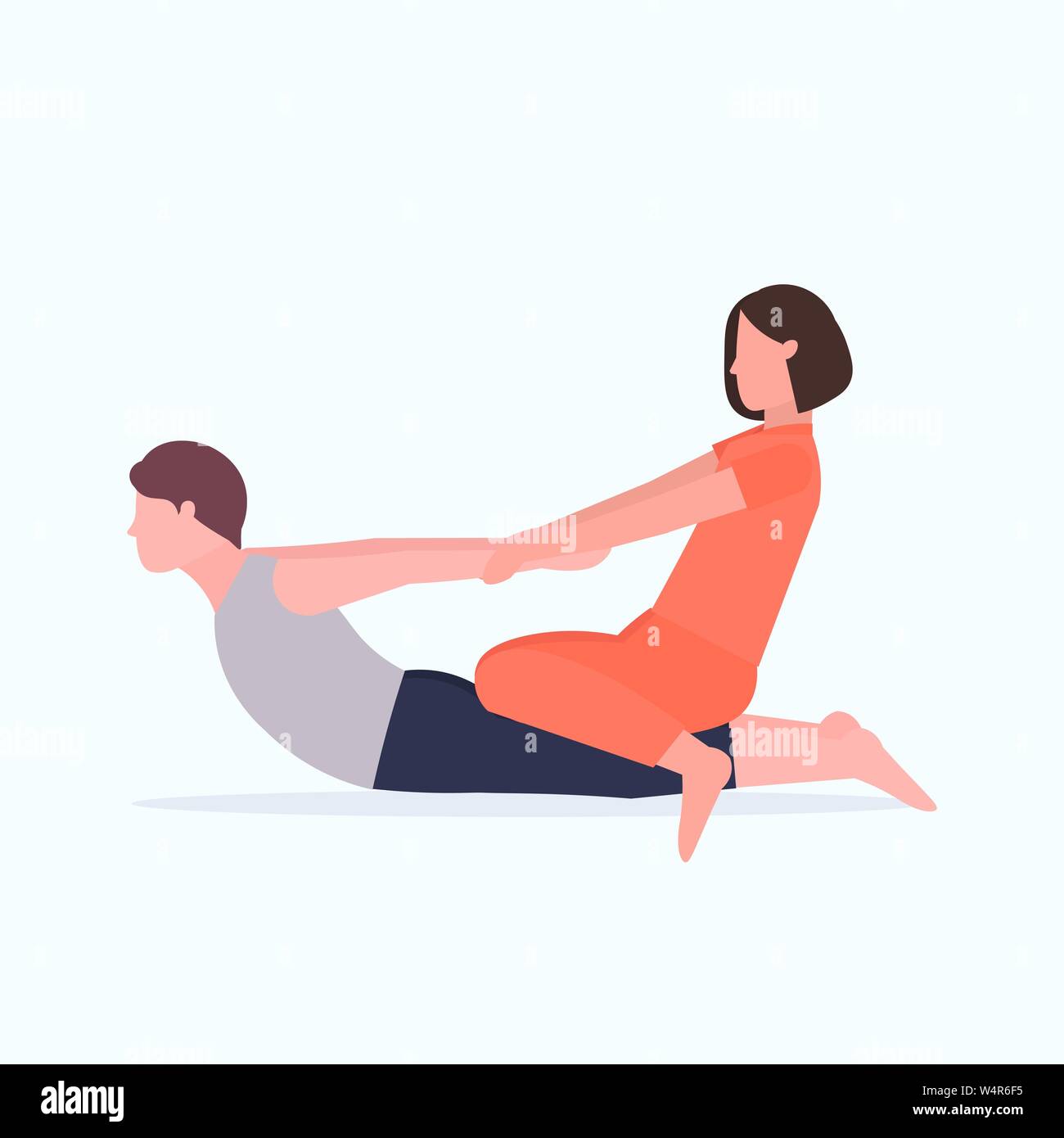 Femmina di personal trainer facendo esercizi di stretching con uomo istruttore di fitness aiutando guy di allungare i muscoli concetto di allenamento flat a piena lunghezza Illustrazione Vettoriale