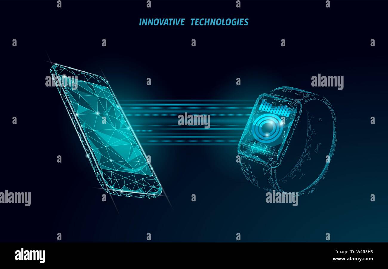 Orologi smart touch screen moderno concetto di tecnologia. Bassa poli poligonale app tracking. Dispositivo sanitario connessione rete media grafico. Indossabile Illustrazione Vettoriale