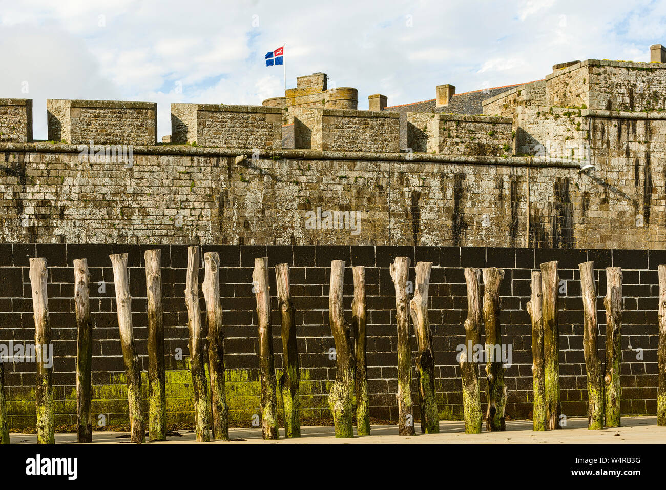 Struttura di frangionde allineamento dei pali in legno di rovere, questi pali in legno a proteggere la città dalla forza delle onde in Saint Malo Francia Foto Stock