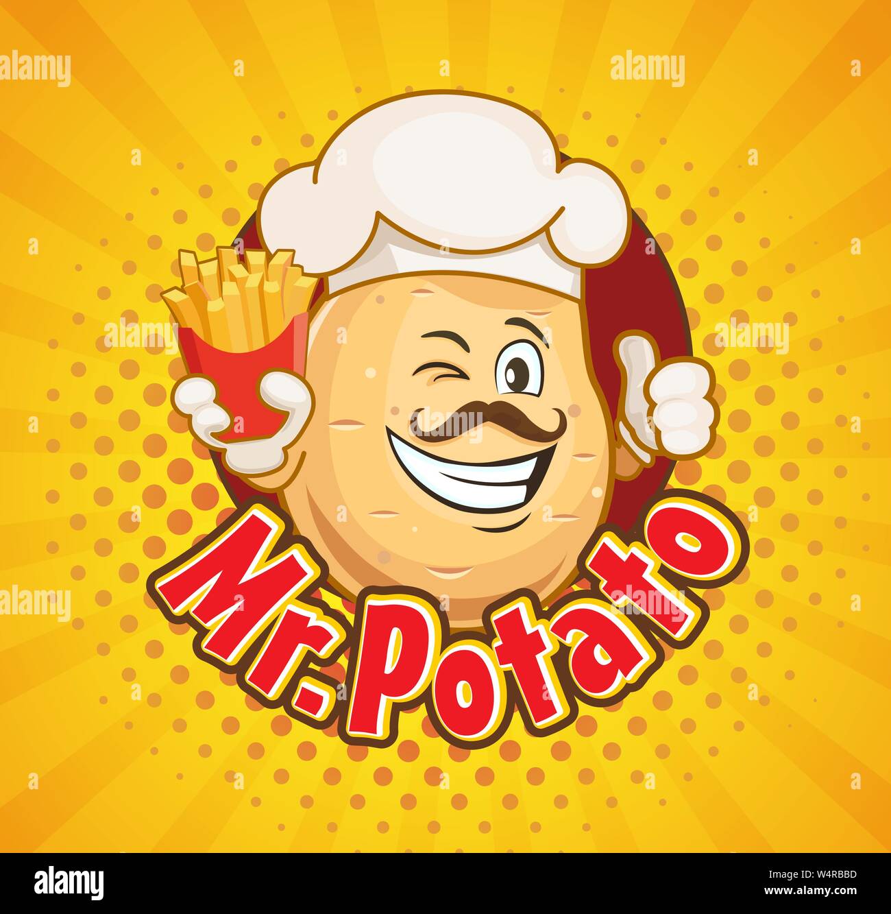 Il sig. chef di patate con patatine fritte invitante per deliziosi snack. Sorrise con carattere hipster acconciatura, pollice in alto e fast food sulle sunburst ba dei mezzitoni Illustrazione Vettoriale