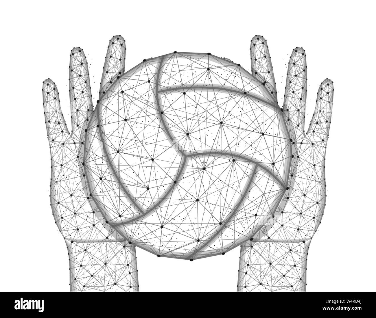Le mani e la sfera per giocare a pallavolo bassa poli design, sport gioco in stile poligonale, cattura o lanciare la palla wireframe illustrazione vettoriale realizzato da Illustrazione Vettoriale