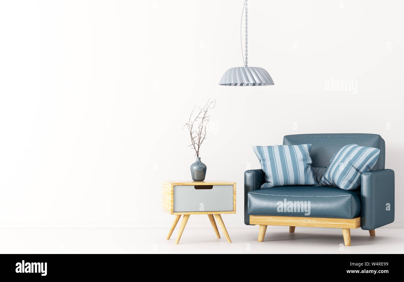 Il design degli interni di salotto in legno con tavolino, lampada blu e poltrona in pelle su bianco il rendering 3D Foto Stock