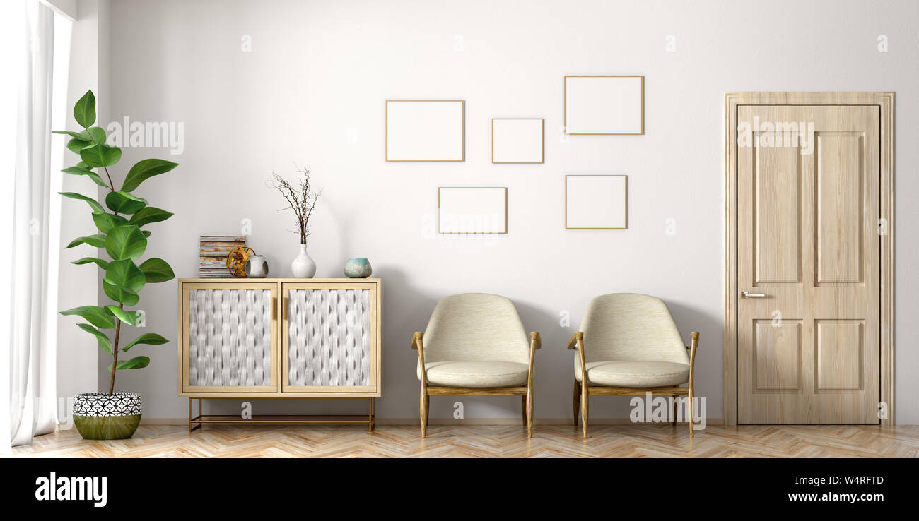Gli interni moderni del soggiorno con poltrone, porta e cabinet, home progettazione 3D rendering Foto Stock