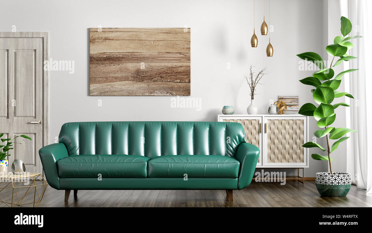 Gli interni moderni del soggiorno con divano in pelle, porta e cabinet, home progettazione 3D rendering Foto Stock