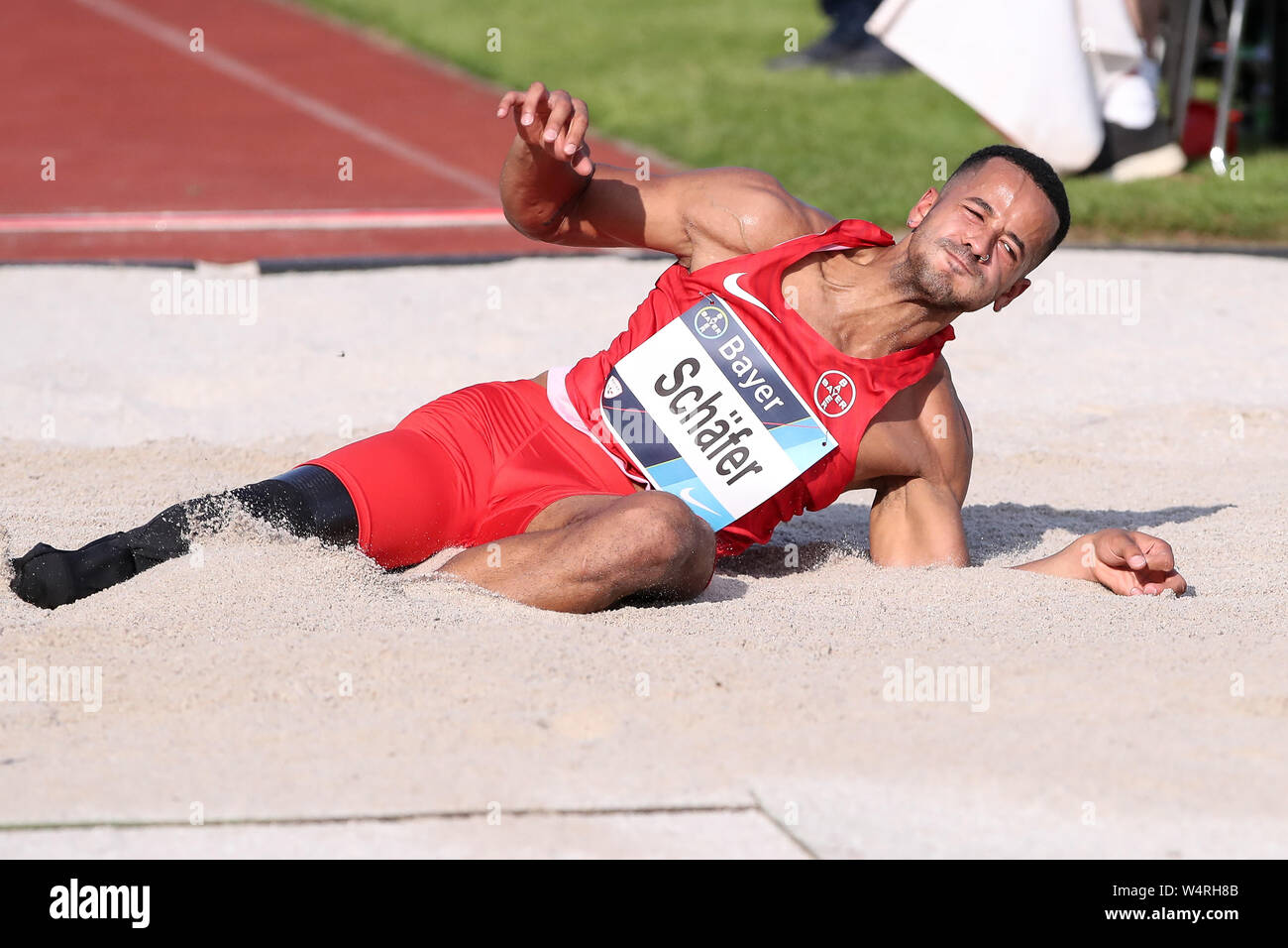Leverkusen, Germania 24 Luglio 2019: Atletica Leggera - Bayer Classics - 2019 Léon Schafer/Schaefer (TSV Bayer 04 Leverkusen), azione. Foto singola. | Utilizzo di tutto il mondo Foto Stock