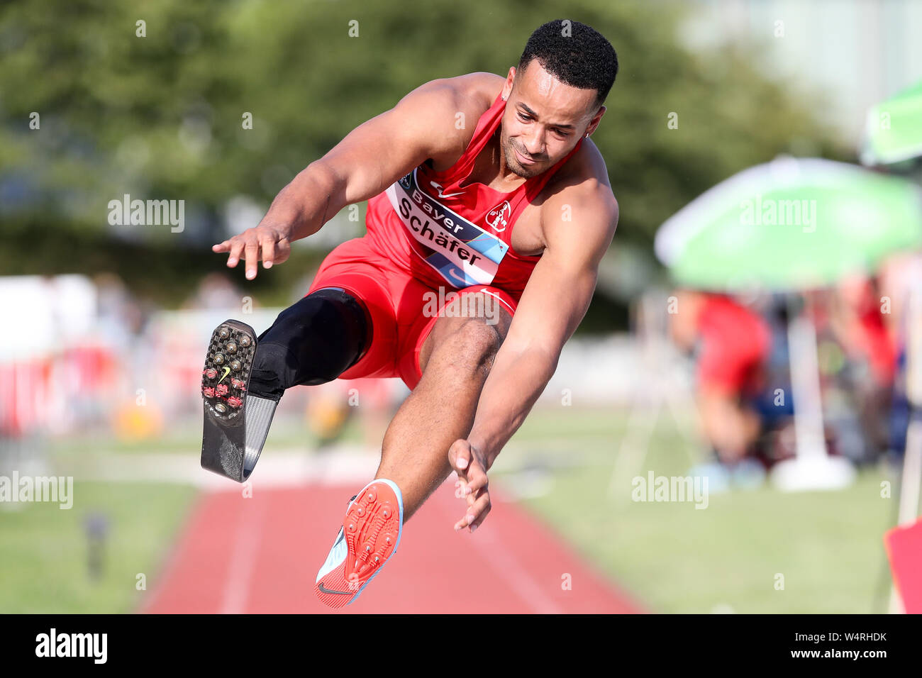 Leverkusen, Germania 24 Luglio 2019: Atletica Leggera - Bayer Classics - 2019 Léon Schafer/Schaefer (TSV Bayer 04 Leverkusen), azione. Foto singola. | Utilizzo di tutto il mondo Foto Stock