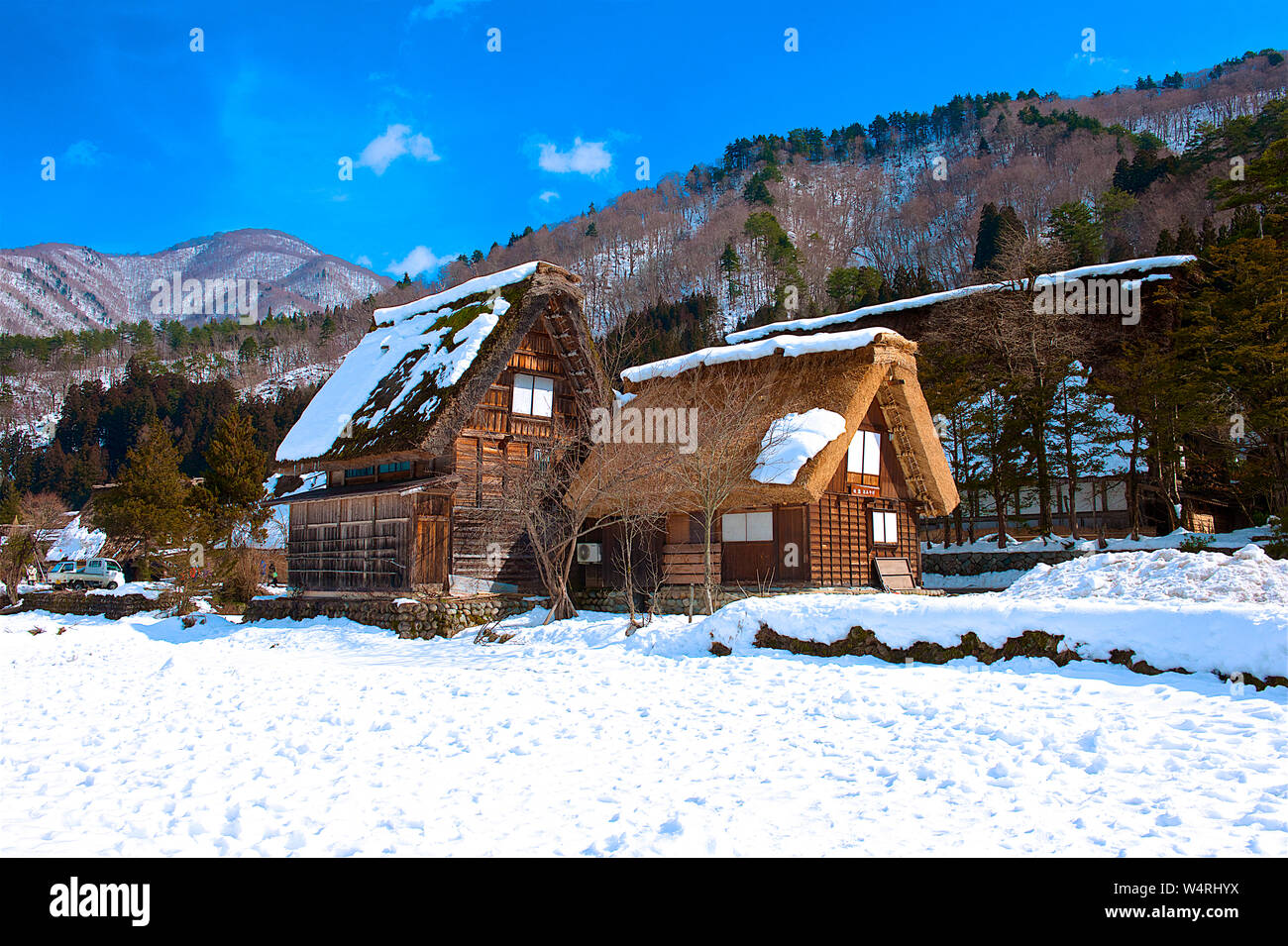 Villaggio in legno case con il tetto di paglia con montagna sull orizzonte in inverno, villaggio di Shirakawa, Ono distretto, Prefettura di Gifu Foto Stock Villaggio in legno case con il tetto di paglia con montagna sull orizzonte in inverno, villaggio di Shirakawa, Ono distretto, Prefettura di Gifu Foto Stock