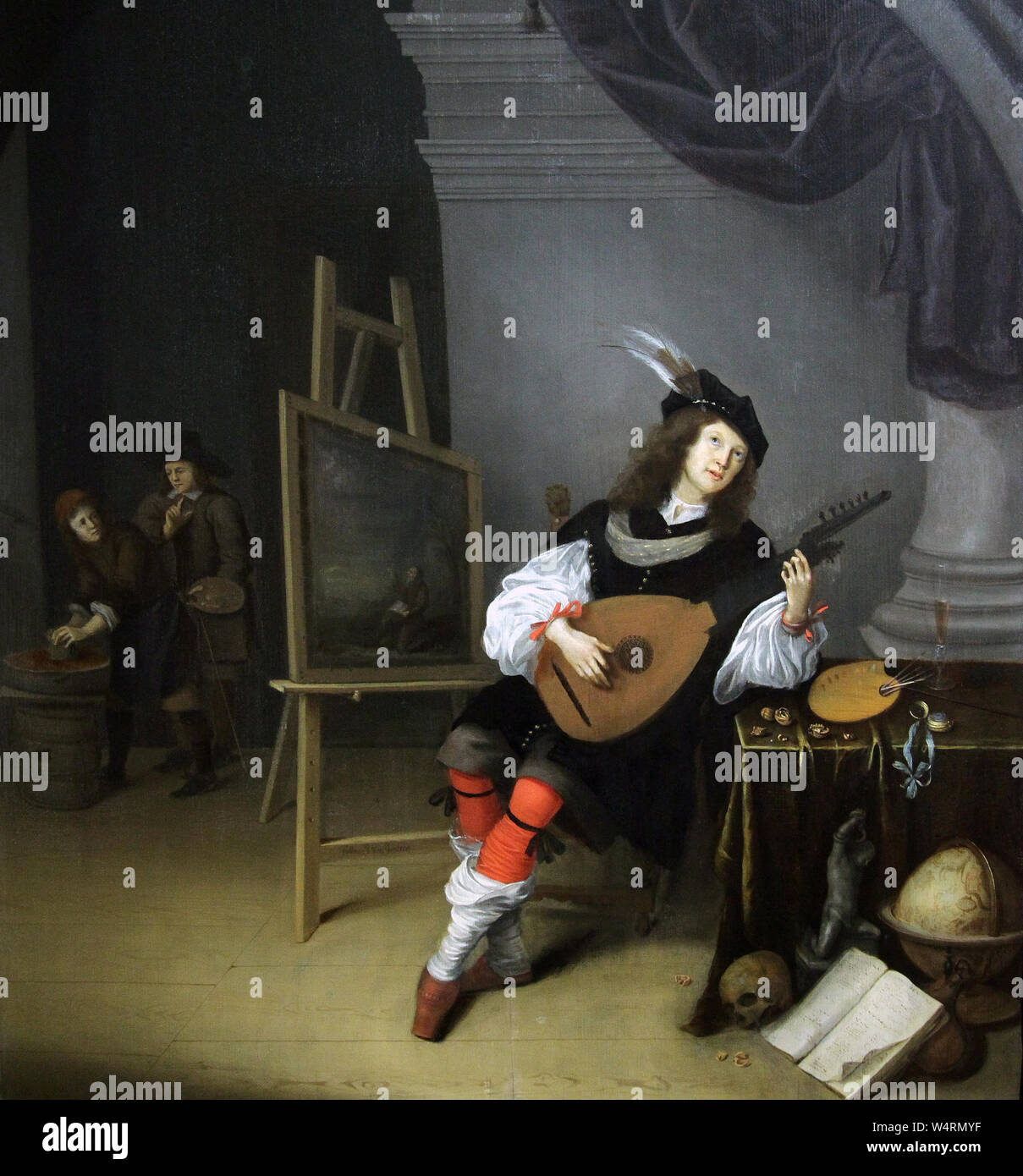 Liuto-playing pittore nel suo studio.c.1655. da artista olandese e del pittore Johan van Swieten 1635-1661 Foto Stock