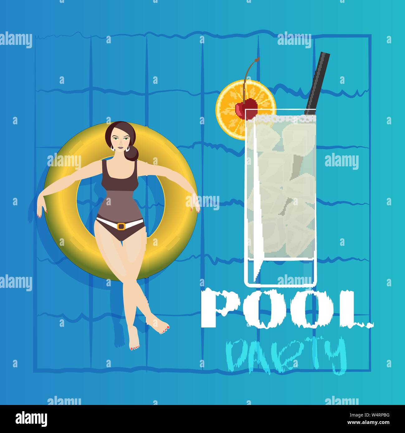 Giovane donna a prendere il sole sul ring in piscina. Illustrazione Vettoriale di giovani modello galleggiante sull'acqua con grandi cocktail. Party in piscina modello di invito, estate Illustrazione Vettoriale