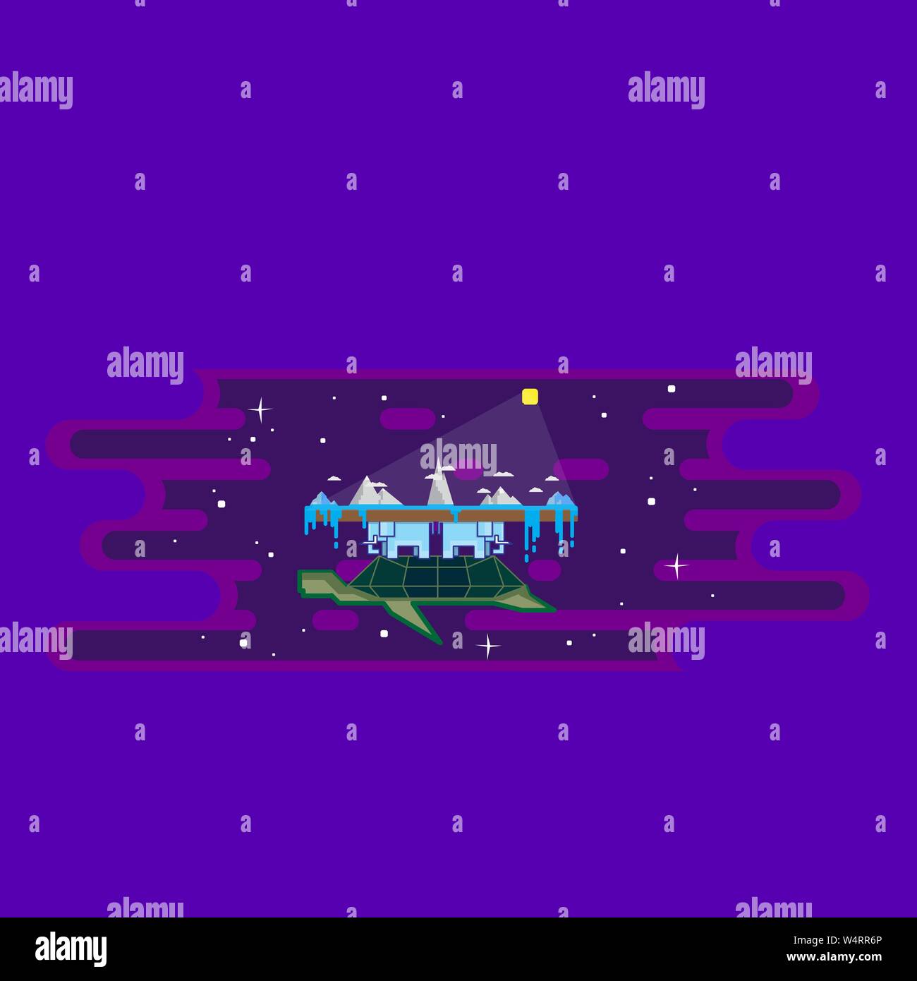 La fantasia mondo piatto che in appoggio sulle spalle di quattro elefanti che stanno sulla schiena di una tartaruga. Vettore illustrazione dei cartoni animati per il web e la stampa. Illustrazione Vettoriale