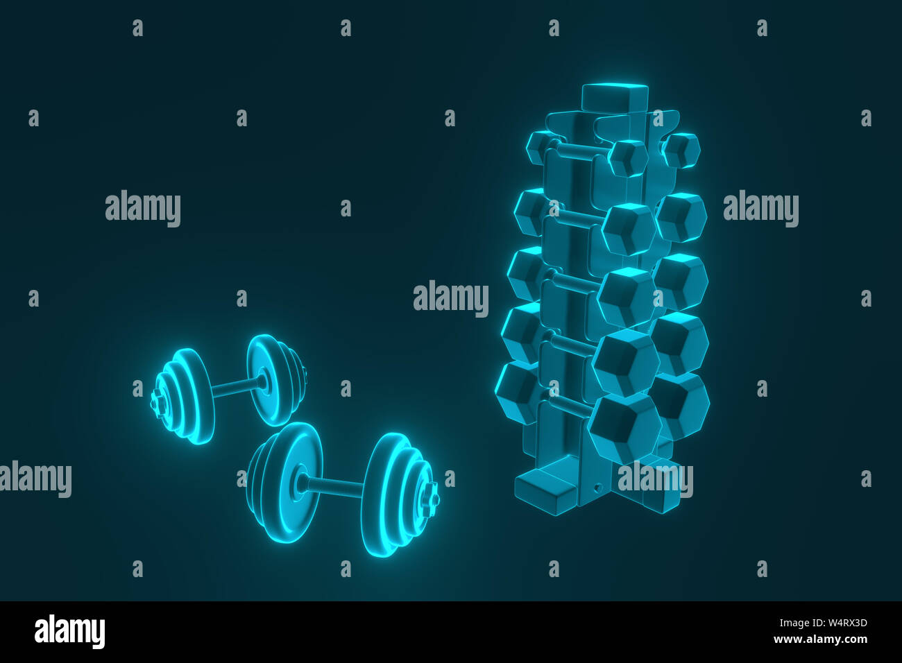 Il rendering 3D. Set di pesi isolato per lo sport su uno sfondo ripiegata su una speciale in metallo nero cavalletto. Pesi di diversa categoria di peso. Il manubrio con pesi differenti Foto Stock
