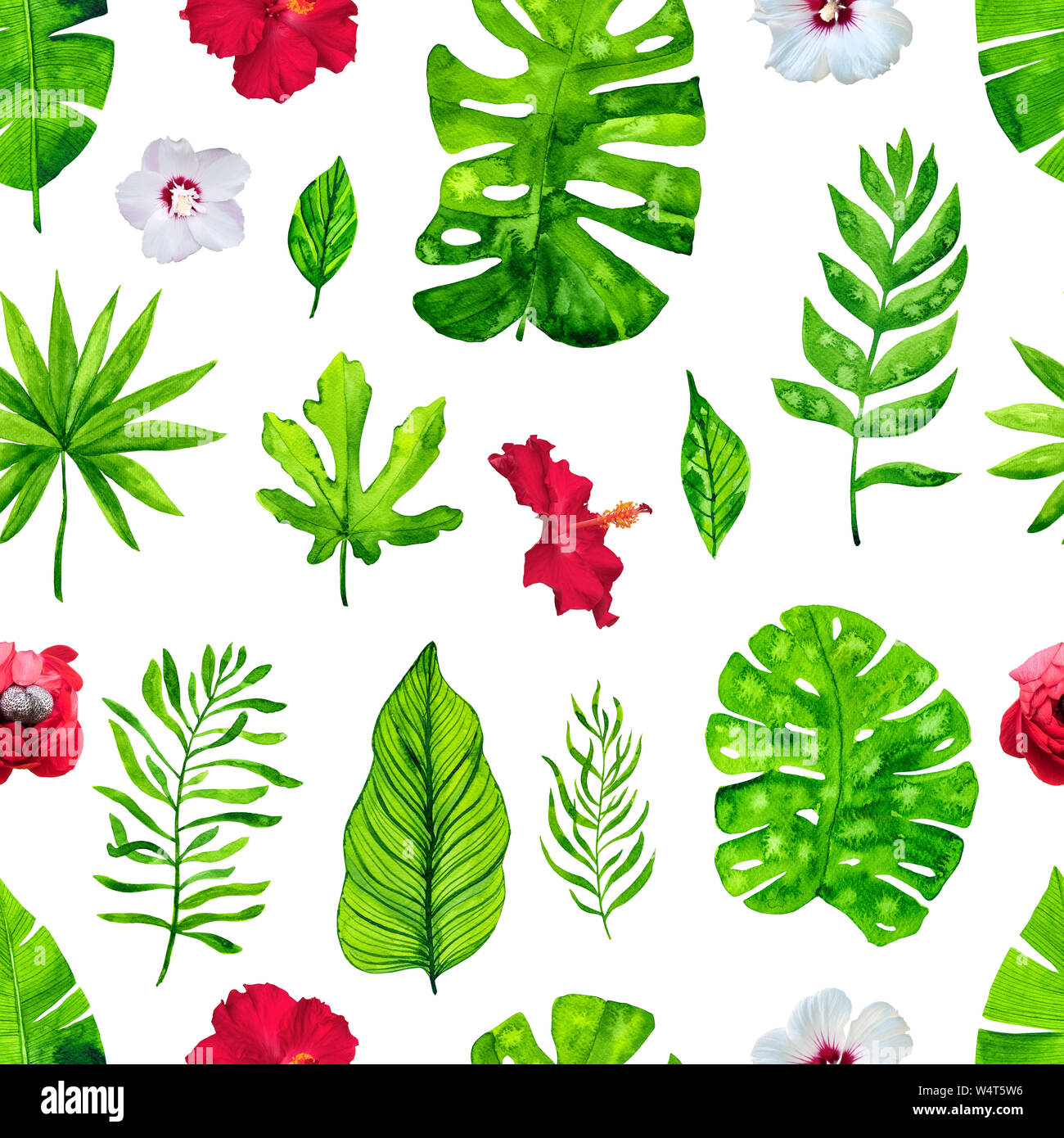 Modello senza cuciture con foglie tropicali e fiori Foto Stock