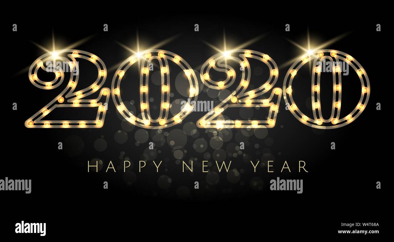 Felice Anno Nuovo 2020 lampadina luce di numeri con effetti luminosi su sfondo nero. Illustrazione Vettoriale. Illustrazione Vettoriale