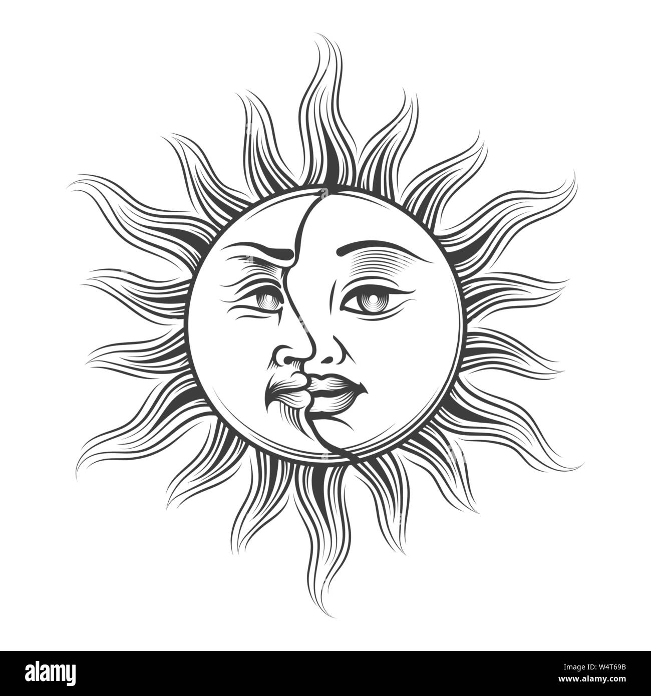Disegnata a mano il sole e la luna con il volto umano in stile di incisione. Occultismo medioevale simbolo di astrologia. Illustrazione Vettoriale. Illustrazione Vettoriale
