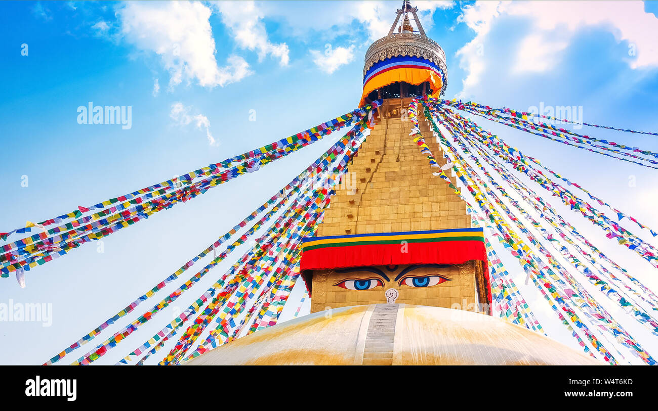 Stupa Boudhanath nella valle di Kathmandu, Nepal Foto Stock