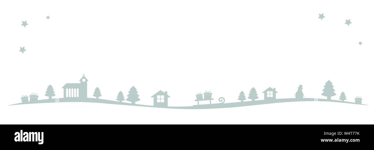 Paesaggio Di Natale confine con chiesa firs case e doni illustrazione vettoriale EPS10 Illustrazione Vettoriale
