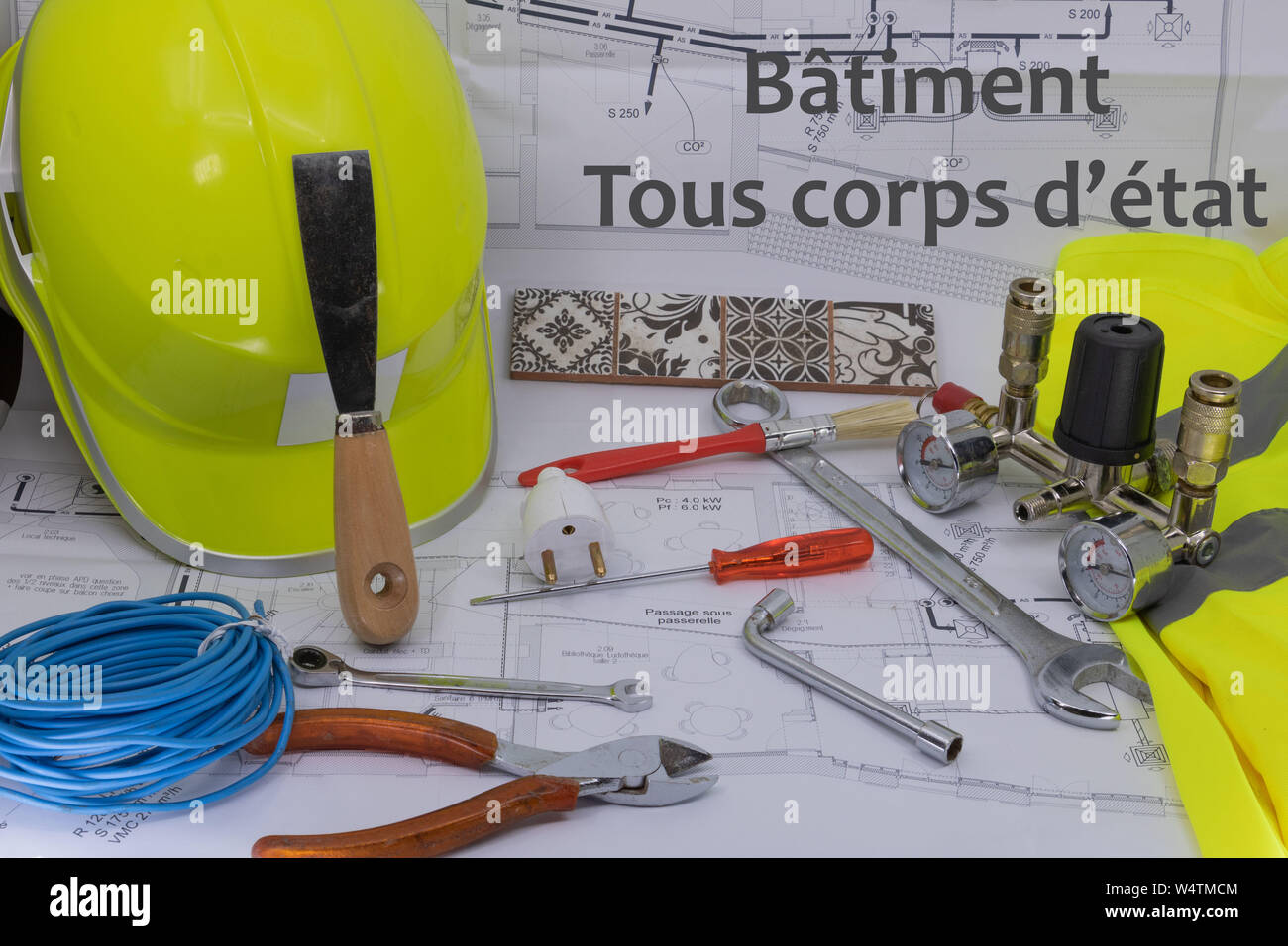 Industria edile tutte le specialità di risorse grafiche con piano casa attrezzature di sicurezza e di hardware (bâtiment tous corps d'état è la costruzione di un settore Foto Stock