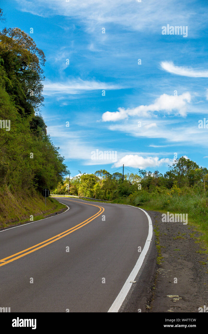 Nuova strada asfaltata con foresta sui fianchi e blu cielo con poche nuvole Foto Stock