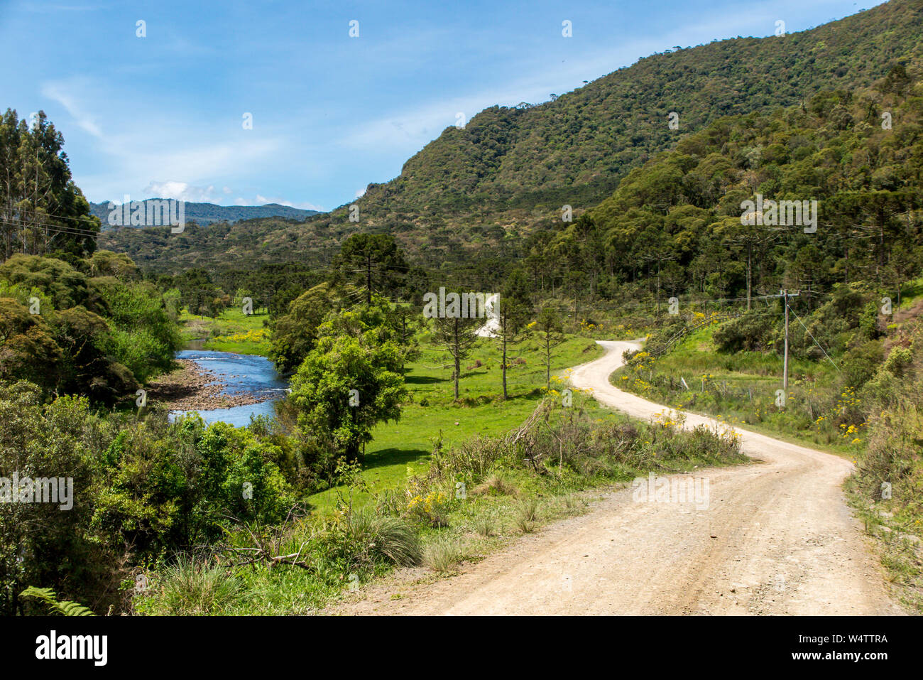 Strada sterrata con un fiume e foresta accanto e le montagne sullo sfondo blu cielo con poche nuvole Foto Stock
