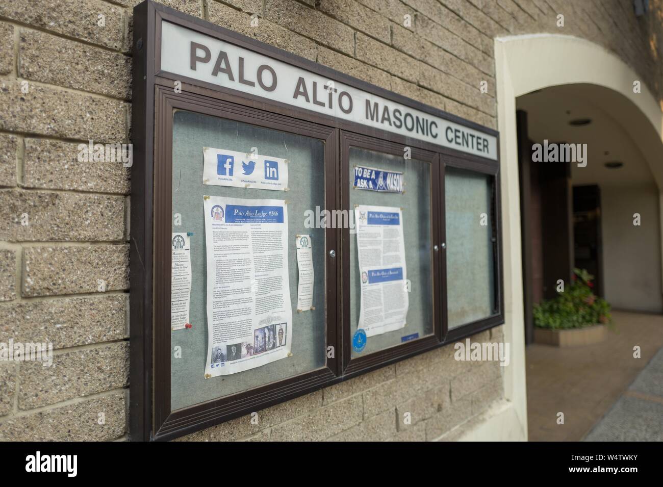 Segno per il Palo Alto Centro massonico vicino University Avenue nella Silicon Valley Town di Palo Alto, California, 17 novembre 2018. () Foto Stock