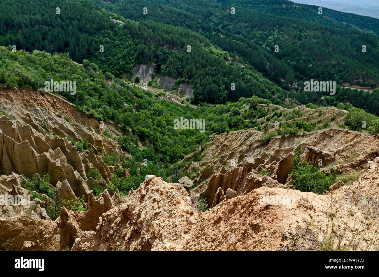 Frammento del celebre Stob's piramidi con forma insolita di rosso e di giallo formazioni rocciose, verdi alberi e cespugli intorno, west quota della montagna Rila Foto Stock