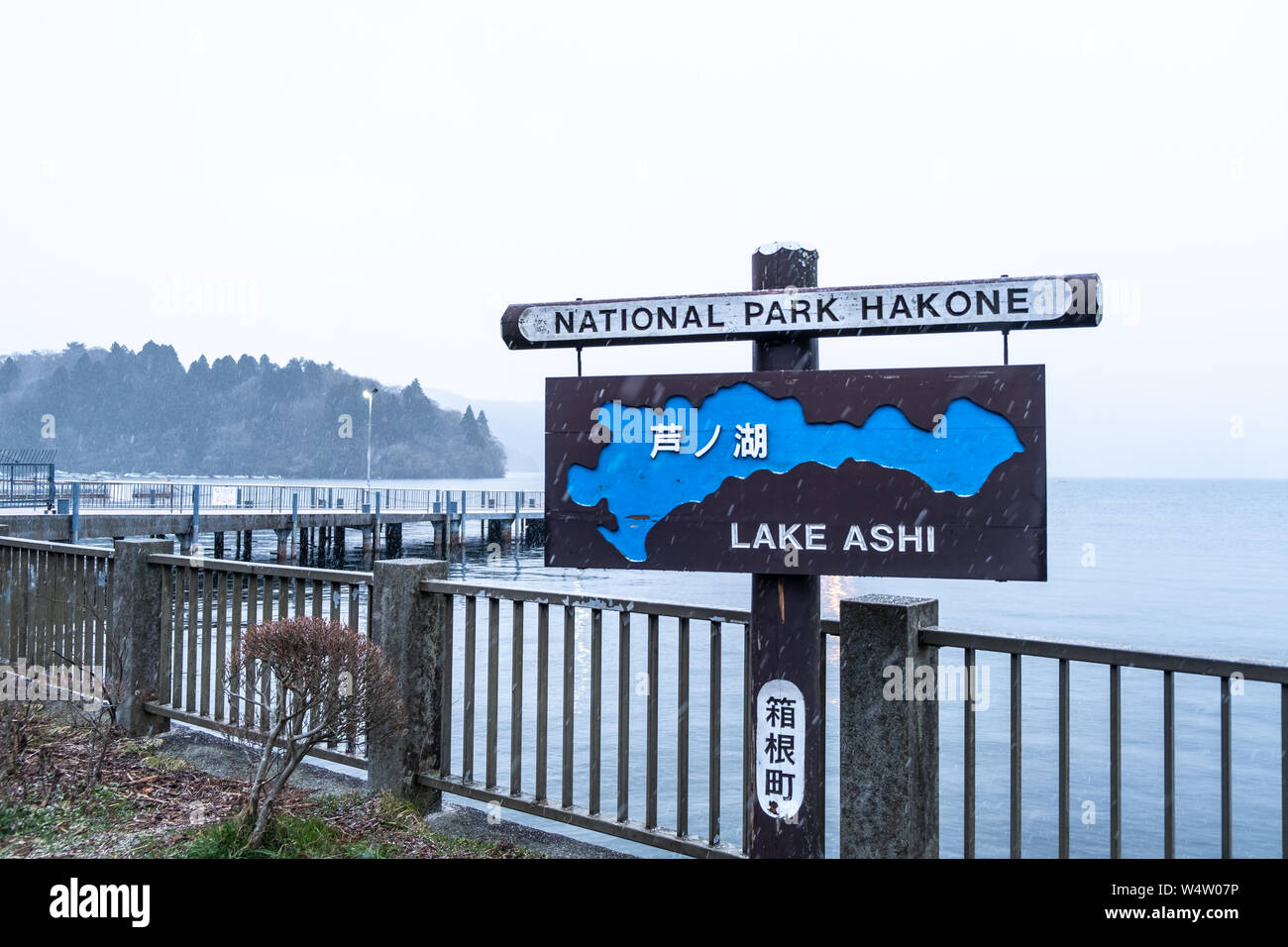 Vista del parco nazionale di Hakone con lago Ashi quando la neve è iniziato a cadere verso il basso in corrispondenza di Kanagawa, Giappone. Foto Stock