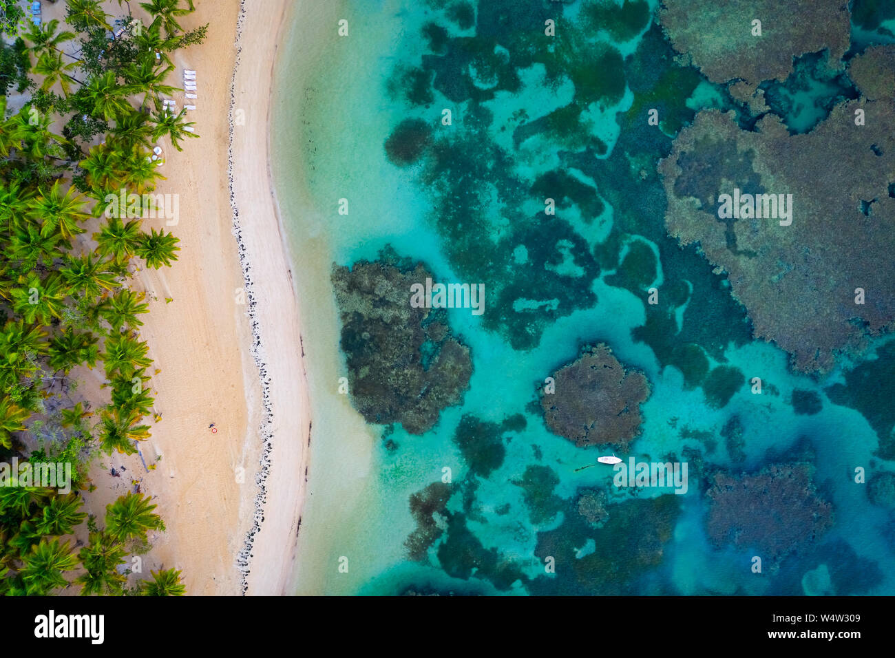 Drone shot di spiaggia tropicale con il bianco barca ancorata.penisola di Samana,Gran Bahia Principe El Portillo Beach,Repubblica Dominicana. Foto Stock