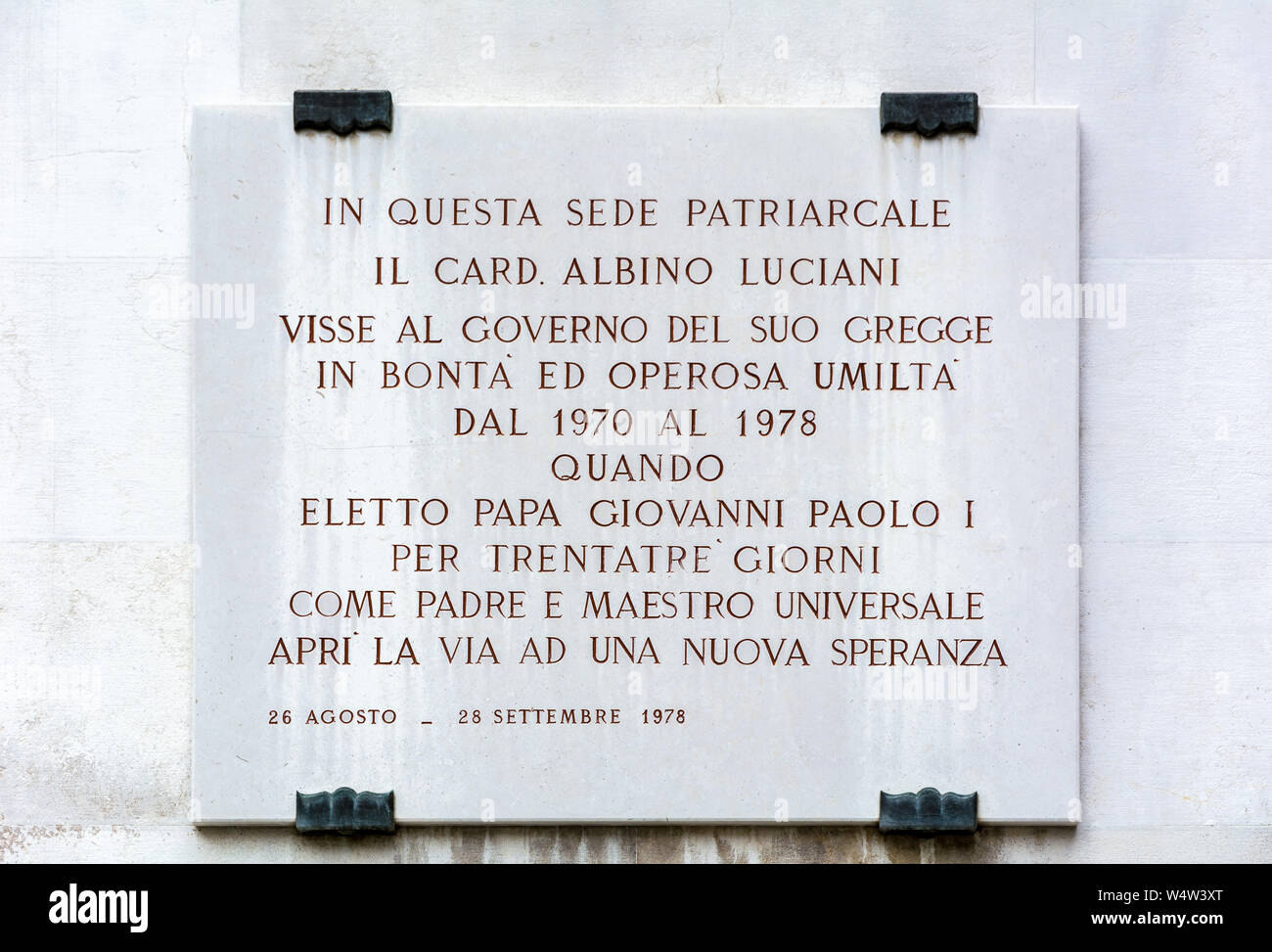 Venezia, Italia - 14 Maggio 2019: Lapide di Giovanni Paolo I al Palazzo dei patriarchi di Venezia Foto Stock