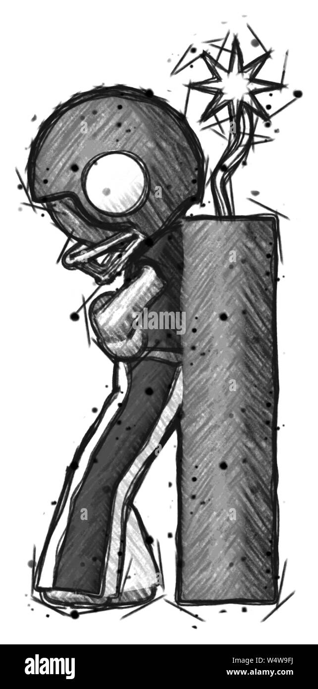 Schizzo giocatore di football uomo appoggiato a dynimate, grande stick pronta ad esplodere. Foto Stock