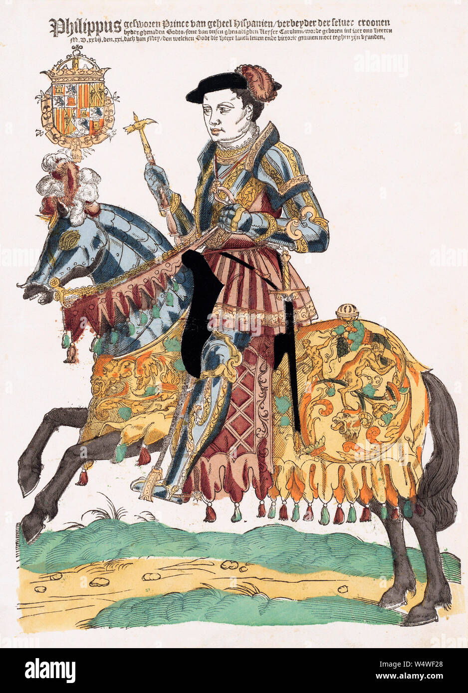 Ritratto di Re Filippo II di Spagna a cavallo. Il re Filippo II, Rey Felipe II, 1527 - 1598. Dopo un secolo XVI stampa. Foto Stock