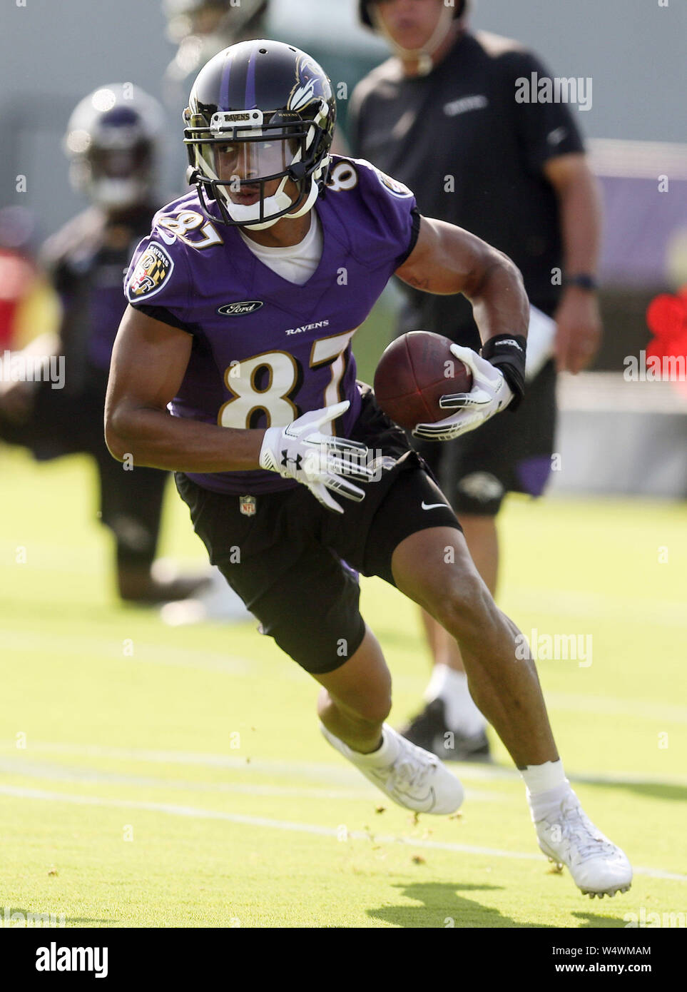 Baltimore Ravens WR Joe Horn Jr. (87) partecipa al primo giorno di training camp a sotto la corazza Performance Center a Owings Mills, nel Maryland, il 25 luglio 2019. Foto/ Mike Buscher/Cal Sport Media Foto Stock