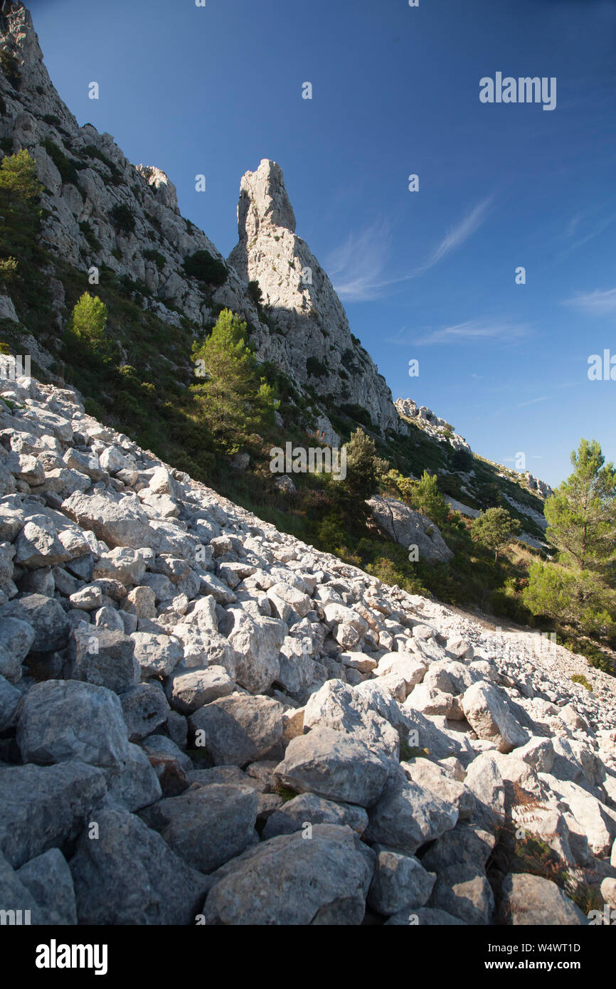 Summit Puig de Galatzó nelle montagne rocciose della Serra de Tramuntana, Mallorca, Spagna, isola delle Baleari Foto Stock