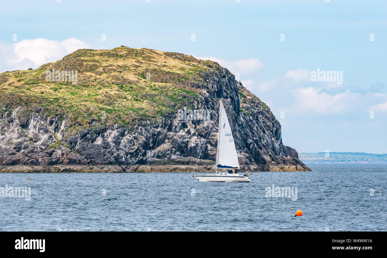 Yacht a vela barca passando da Craigleith Island su soleggiate giornate estive, Firth of Forth, Scotland, Regno Unito Foto Stock