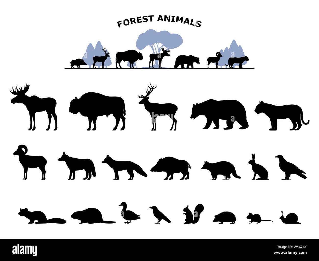 Set di silhouette nera selvatico di bosco animali steppa Illustrazione Vettoriale
